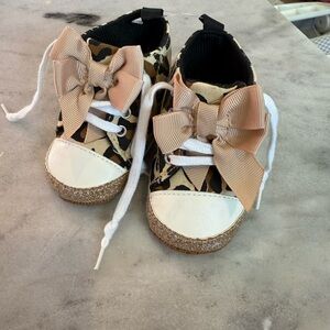 Leopard Print Baby Shoes with Gold and Bow Accents